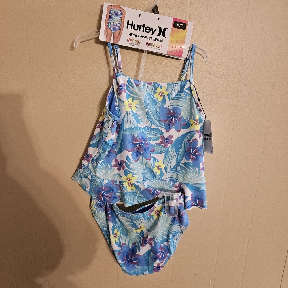 Hurley 14/16 Blue and Purple Floral Two Piece Tankini Set